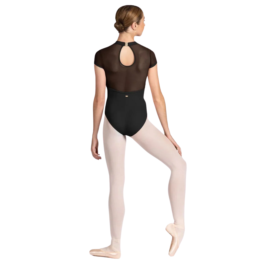 Mirella Mock Neckline Braid Detail Mesh Back Cap Sleeve Leotard M5104LM