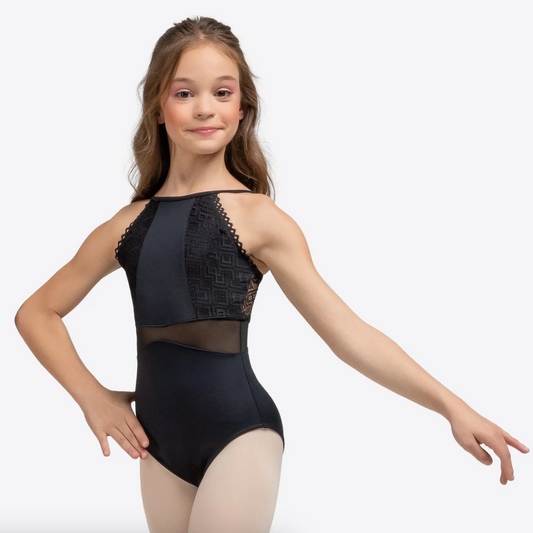 So Danca Cendy High Neck Leotard with Mesh Waist and Lace Details L2605