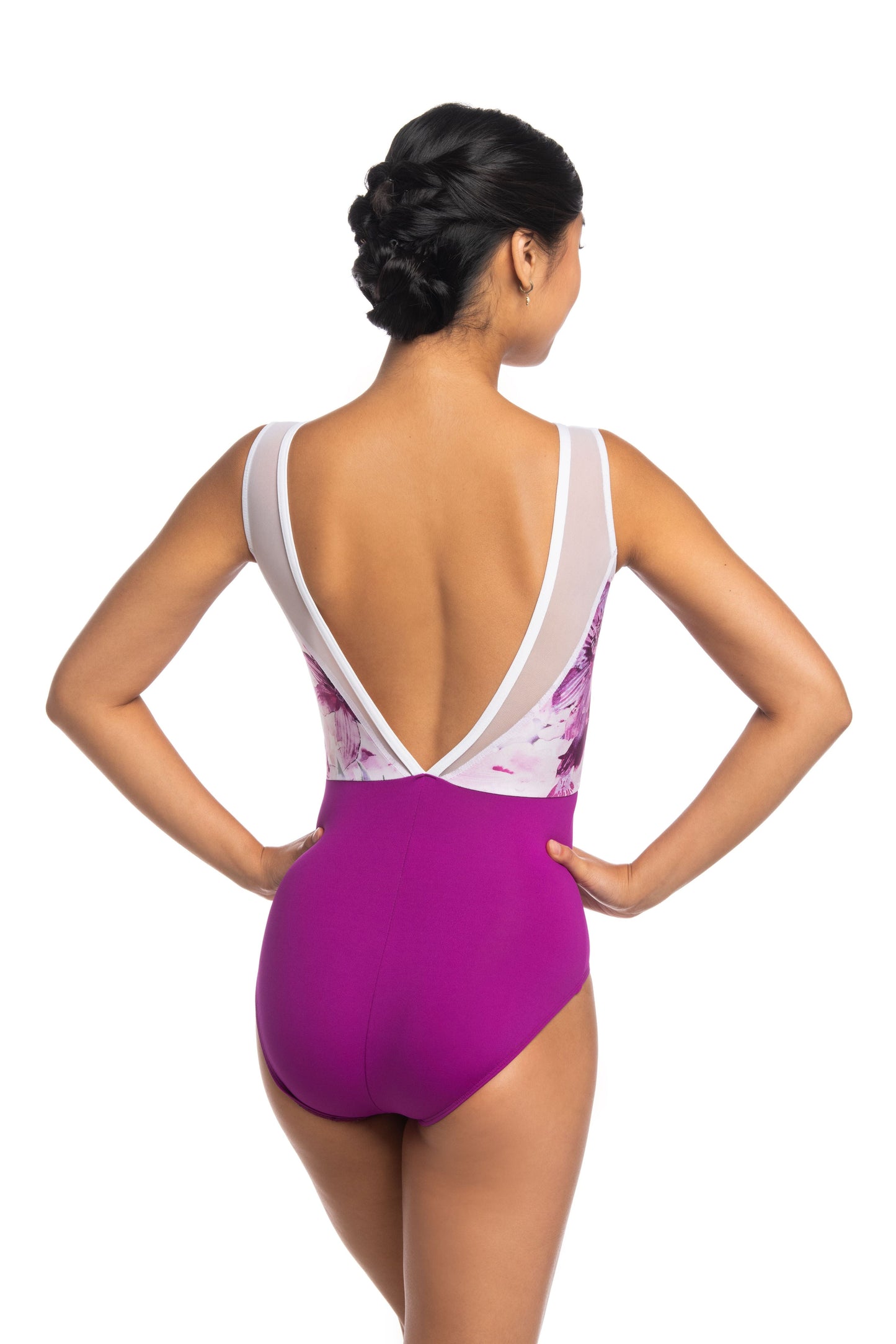 Camille V-Back Boatneck Leotard with Vivid Floral and Mesh