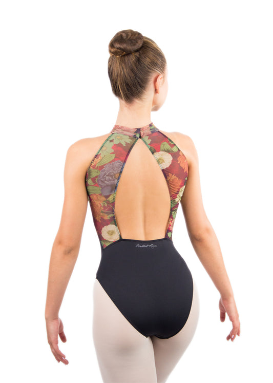 Avery High Neck Open Back with Floral Mesh Leotard