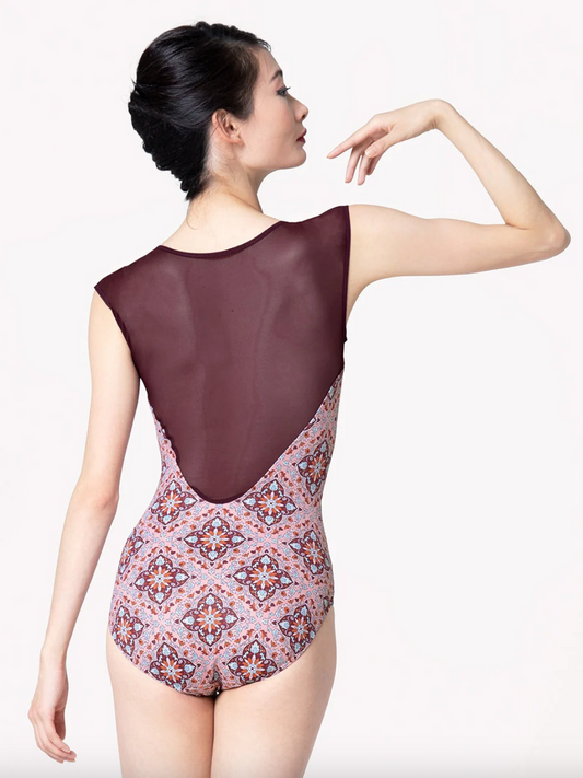 Kelsey Mesh Back Leotard with Sweetheart Neckline in Medallion Pink