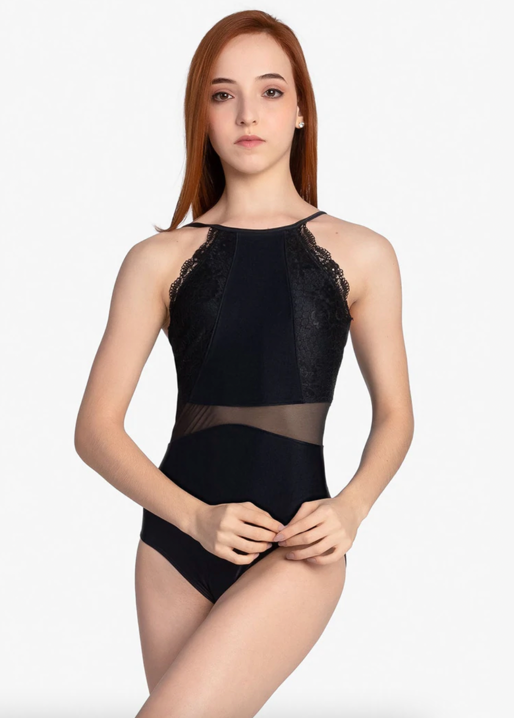 Rachel High Neck Leotard with Mesh Sides and Back